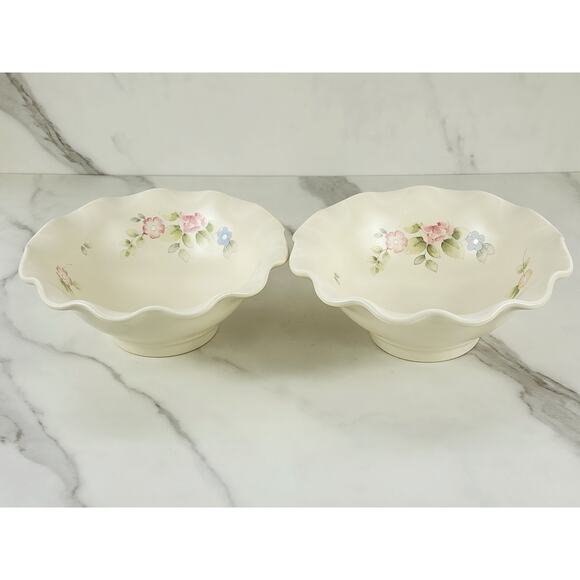 Pfaltzgraff Tea Rose Cereal Fruit Bowl 7" Fluted Pedestal Bowl 80's Stoneware x2 - Picture 1 of 16